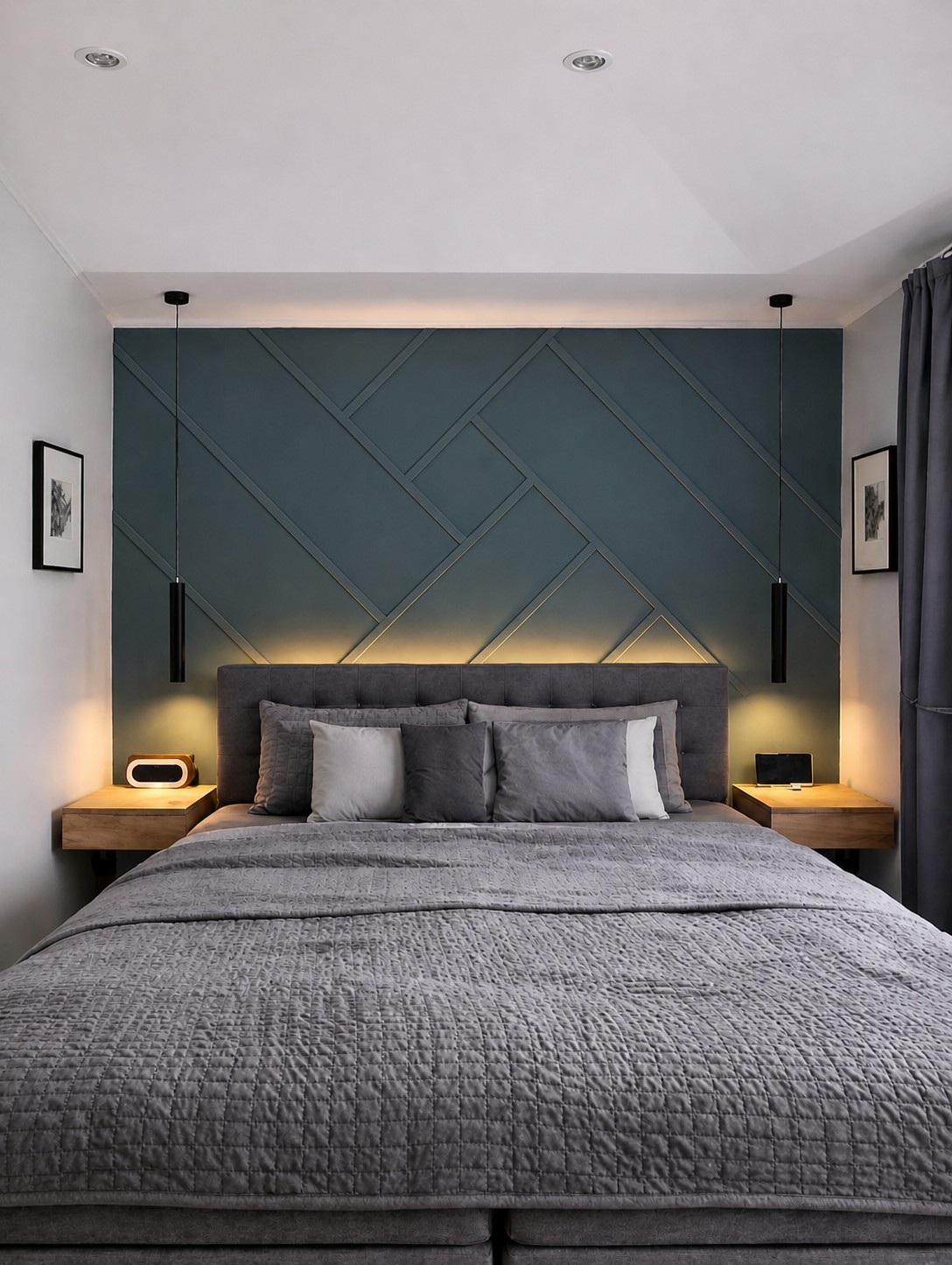 Schlafzimmer nachher mit Akzentwand und Beleuchtung.