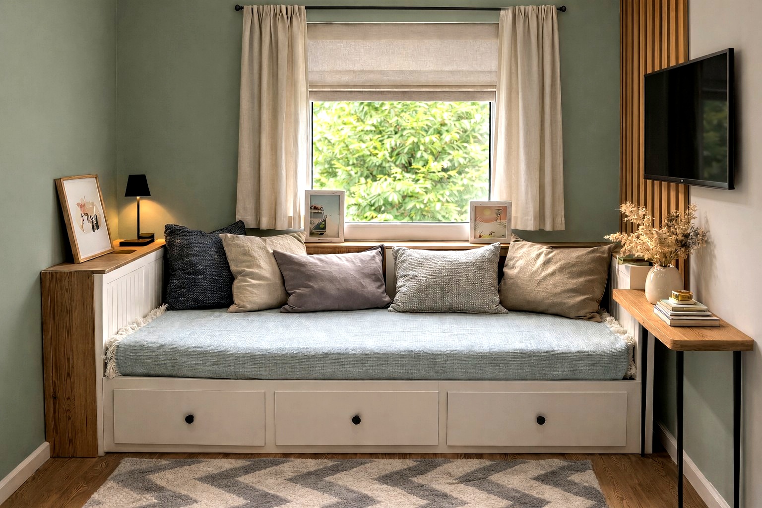 Gästezimmer mit Tagesbett und wohnlicher Gestaltung.